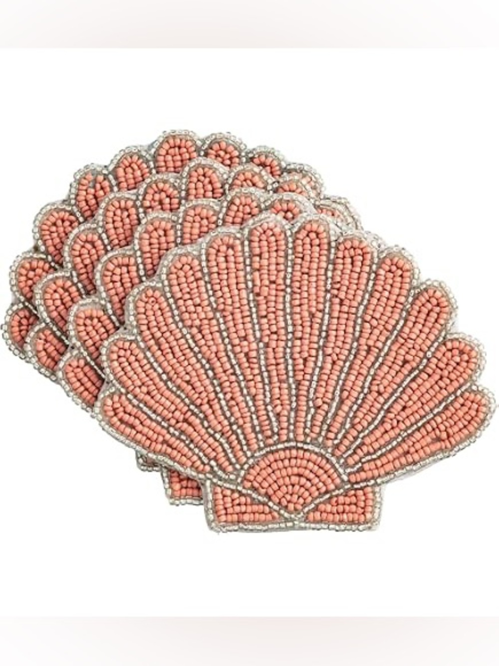 NEW! 4pc MUD PIE Handmade Beaded Scallop Seashell Coasters Set Coral Pink